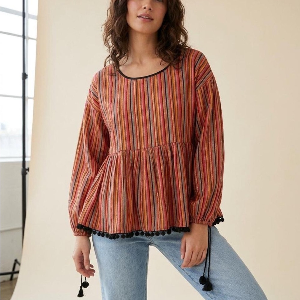 Anthropologie Amaryllis Rust Multi-Striped Peplum Top with Pom Trim